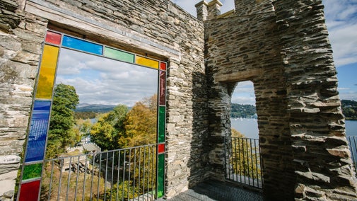 North side of Claife Viewing Station with coloured glass in the windows and views north and east across Windermere, Lake District